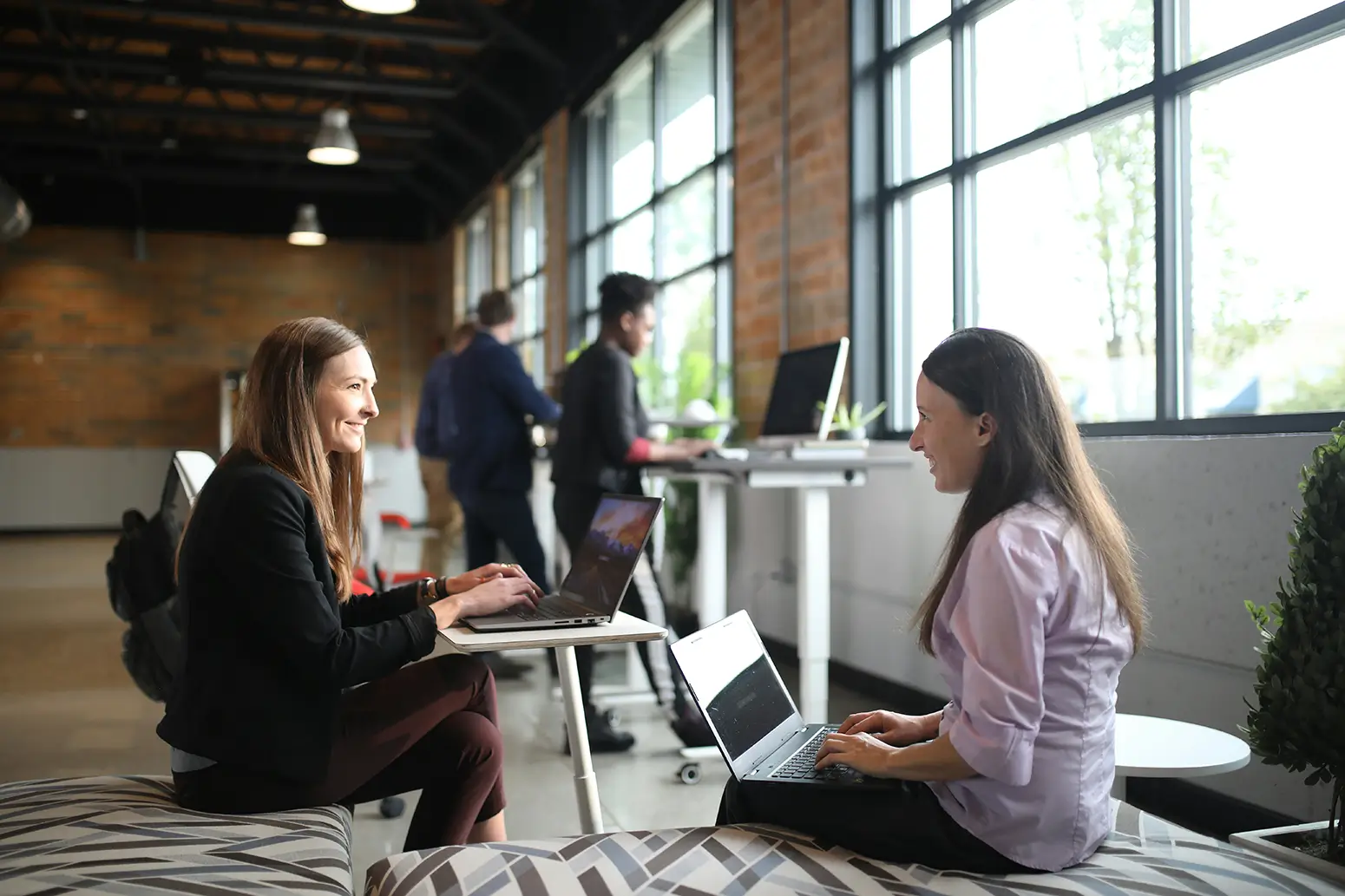 Two women sat in an office environment, with laptops.
